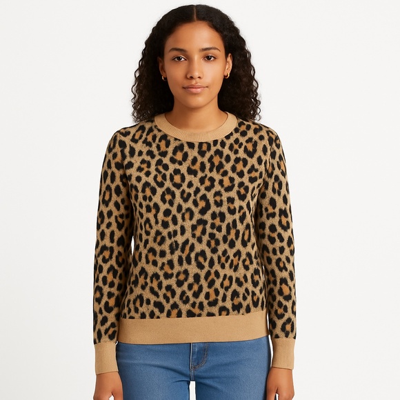 J.CREW Leopard Print Merino Wool Crewneck Sweater Women’s XL - Picture 1 of 5
